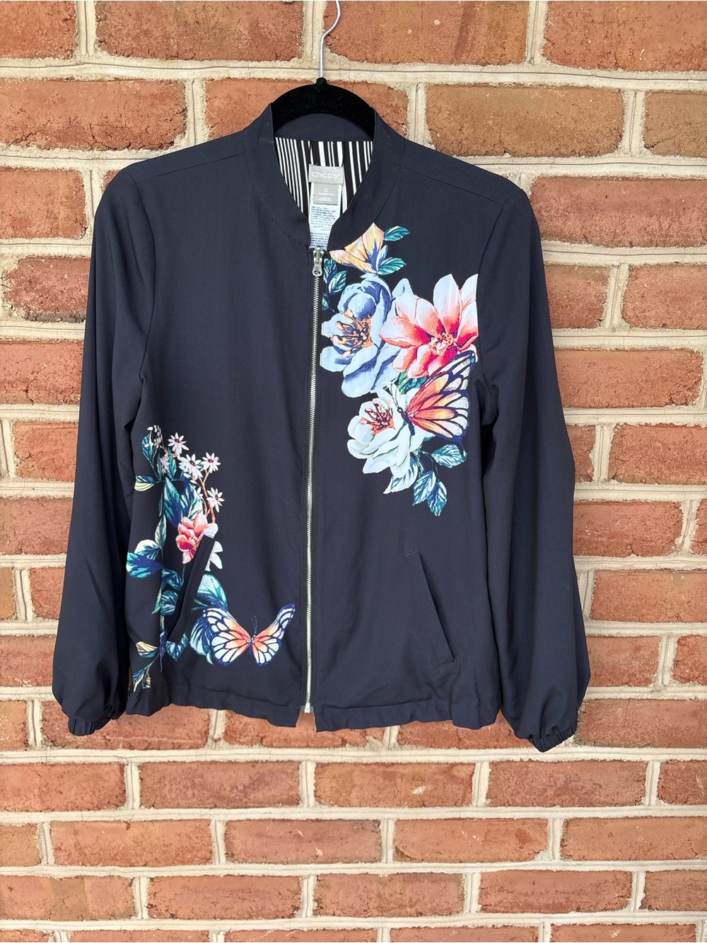 Reversible Floral Print and striped Bomber Jacket - Navy